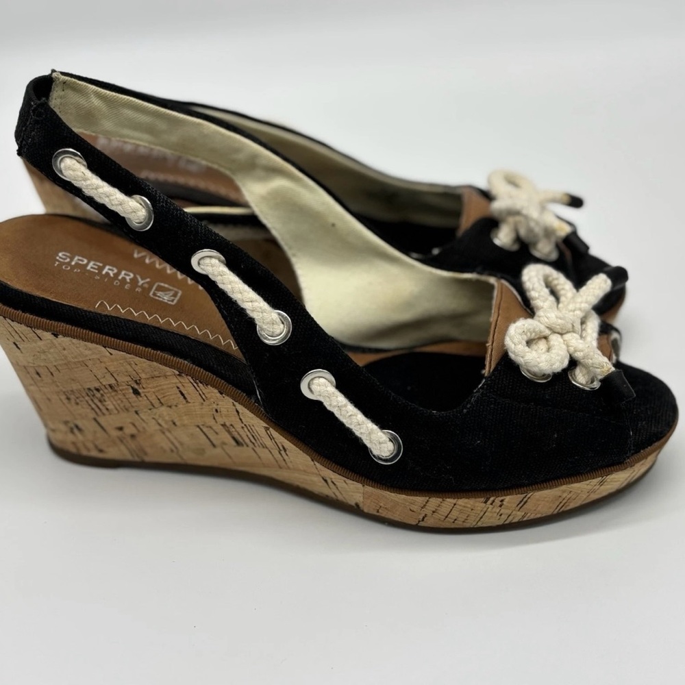 Sperry Southport black canvas and cork slingback wedge shoes sandals, size 9.5.